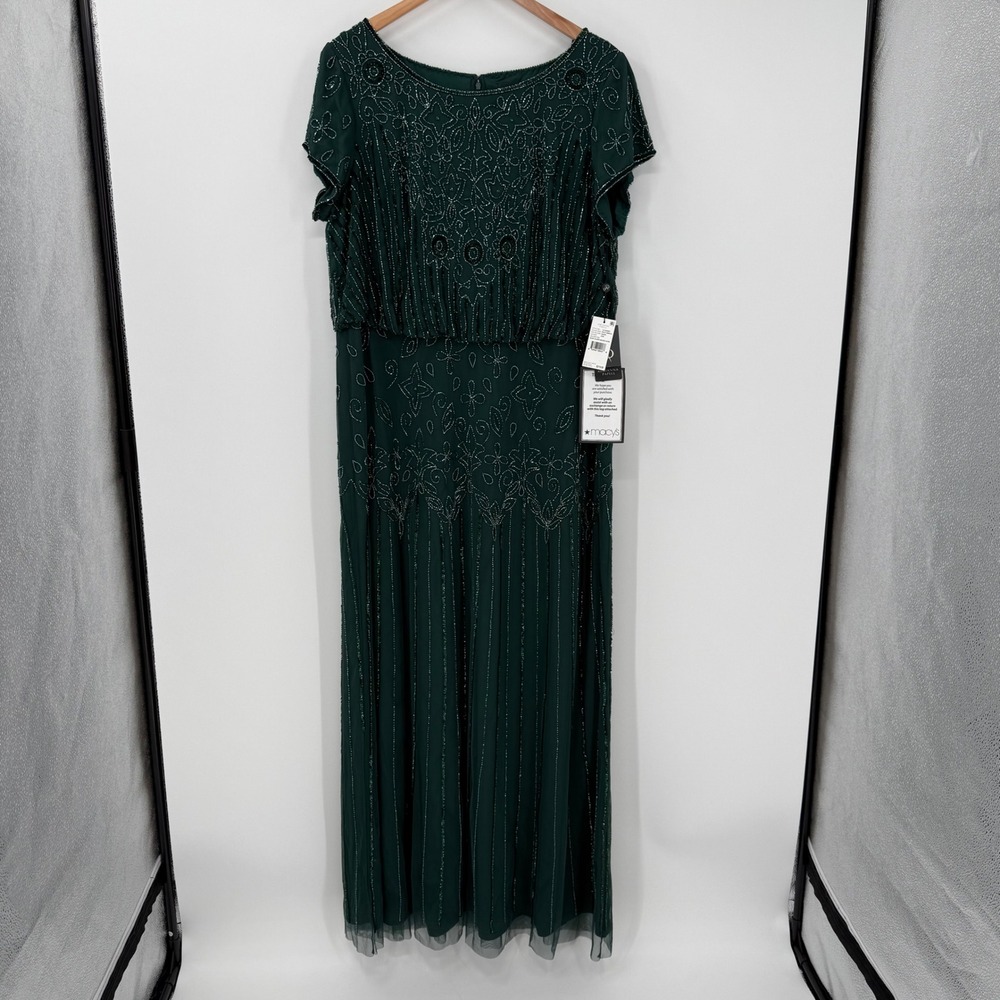 NWT Adrianna Papell Plus 20W Dusty Emerald Hand Beaded Floral Gown Dress